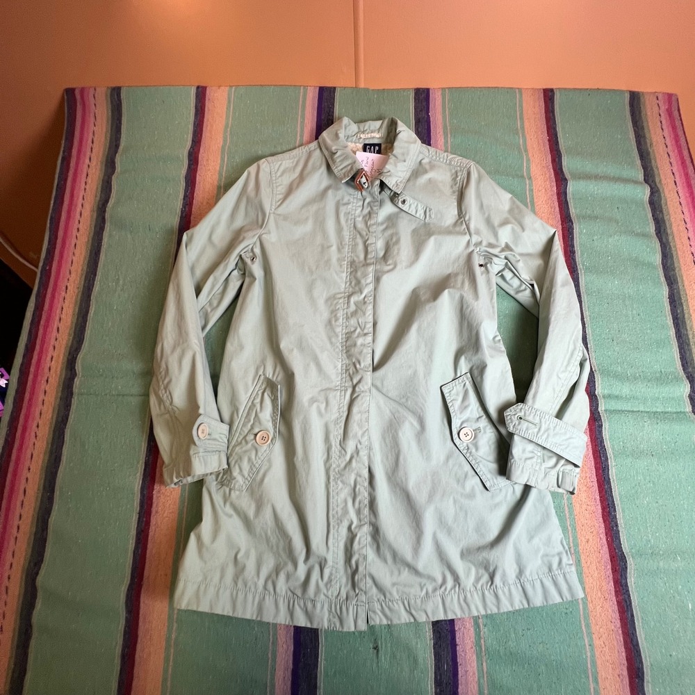 Gap Trench Coat Women Medium Sage Green Floral Lining Long Utility Rain Jacket